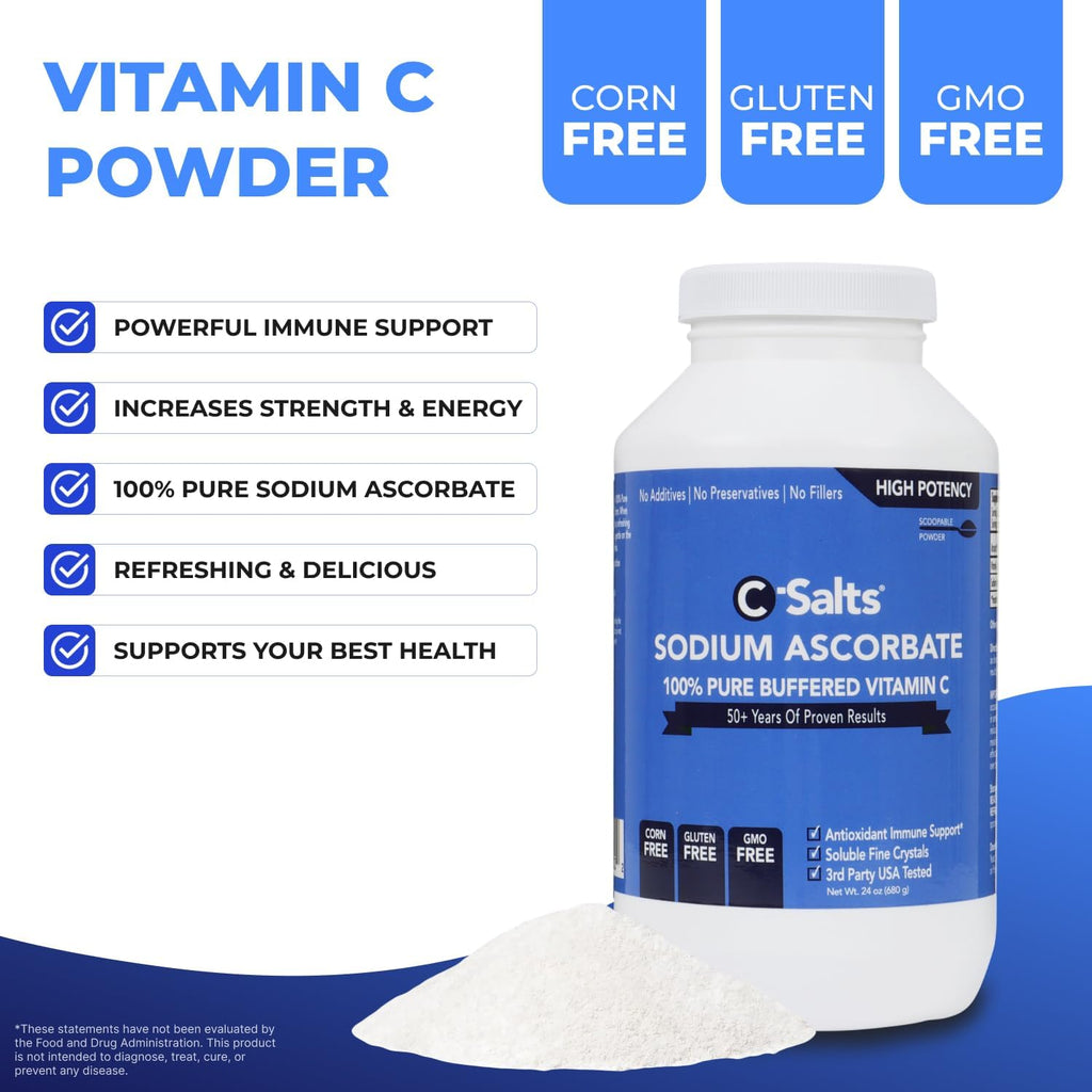C-Salts Pure Sodium Ascorbate Vitamin C Powder - Non-Acidic Sugar-Free Buffered Powdered Drink for Hydration & Immune Support - Antioxidant for Overall Wellness - Perfect for Drinks or Recipes - 24 oz
