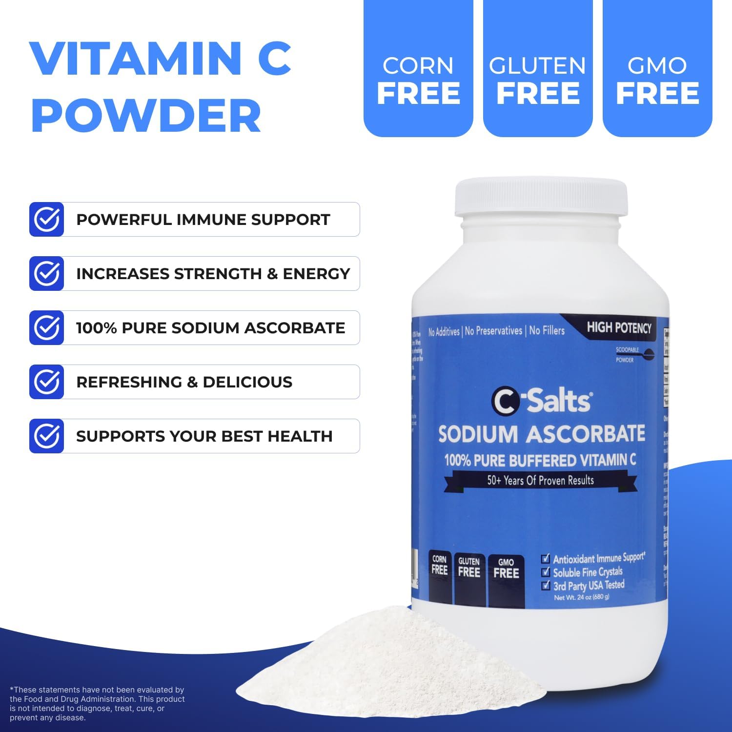 C-Salts Pure Sodium Ascorbate Vitamin C Powder - Non-Acidic Sugar-Free Buffered Powdered Drink for Hydration & Immune Support - Antioxidant for Overall Wellness - Perfect for Drinks or Recipes - 24 oz