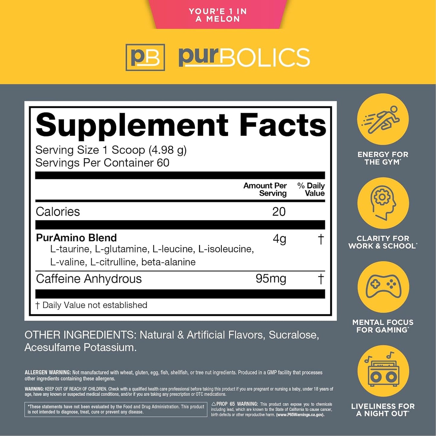 Purbolics Aminos + Energy | Supports Recovery, Energy & Focus | 95mg of Caffeine, 0 Sugar & 60 Servings (You're 1 in A Melon)