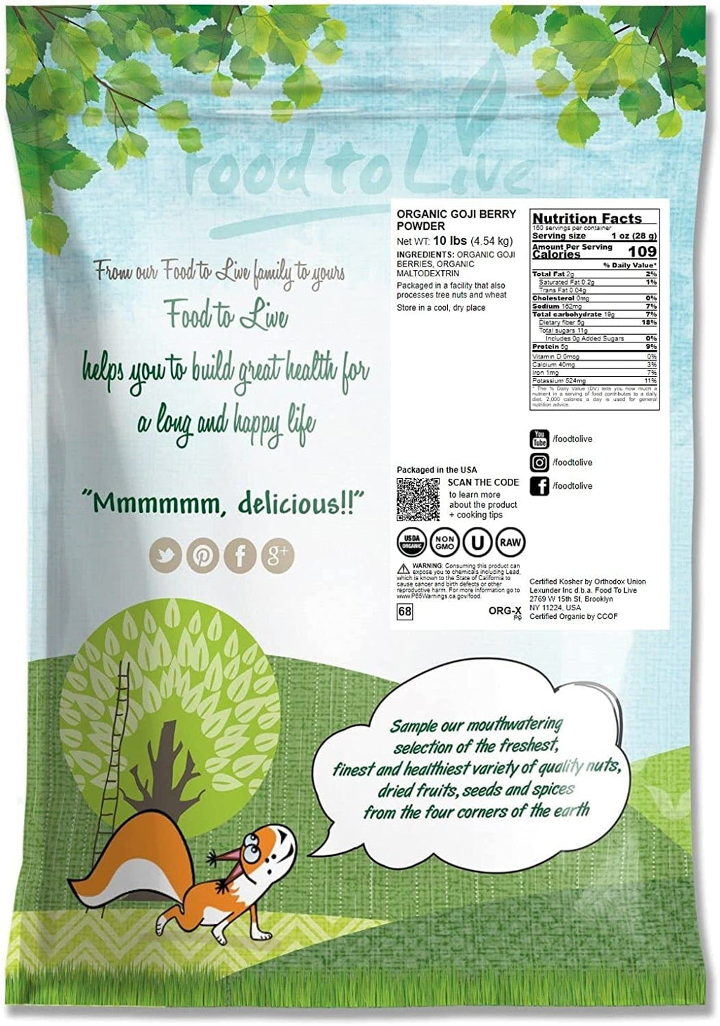 Food to Live - Organic Goji Berry Powder, 10 Pounds - Non-GMO, Kosher, Raw, Vegan, Bulk, Contains Maltodextrin