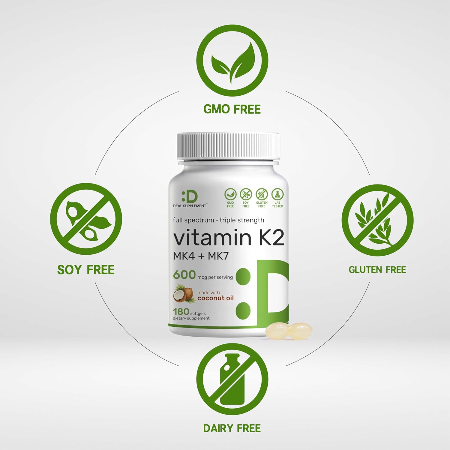 DEAL SUPPLEMENT Vitamin K2 Supplement 600mcg, 180 Coconut Oil Softgels | Full Spectrum High Absorption MK-7 & MK-4 Forms | Bone, Joint, & Immune Support – Non-GMO