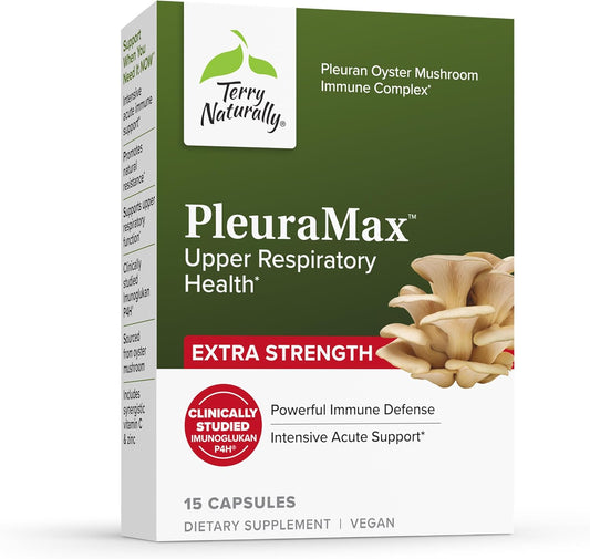 Terry Naturally PleuraMax Extra Strength - Upper Respiratory Health Supplement - Sourced from Oyster Mushrooms - Includes Vitamin C & Zinc for Immune Support - Vegan - 15 Capsules (15 Servings)