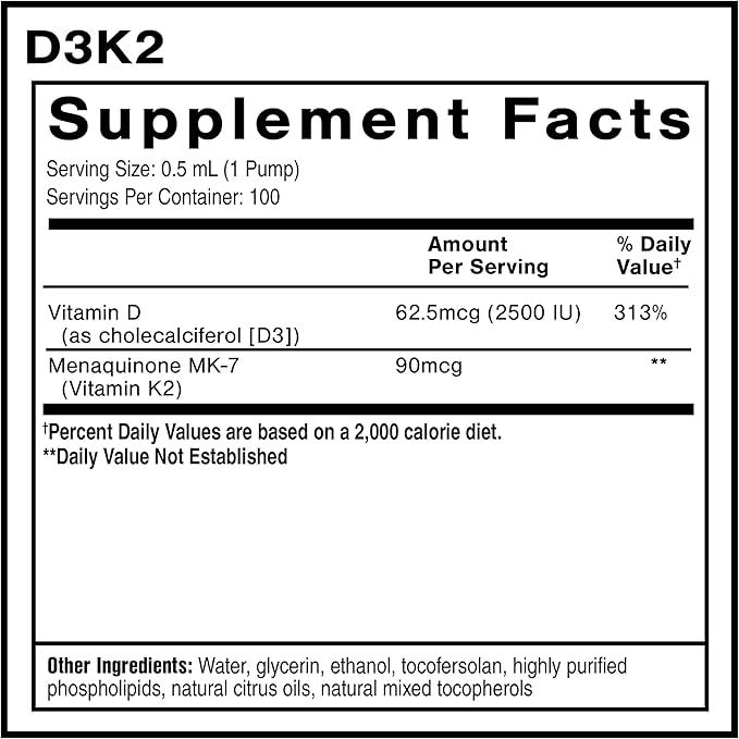 Quicksilver Scientific Nanoemulsified D3K2 - Emulsified Liquid Vitamin D3 + K2 MK7 Liposomal Supplement for Heart, Bone Health + Immune Support - Bioactive 2500IU for Enhanced Absorption (1.7oz/50ml)
