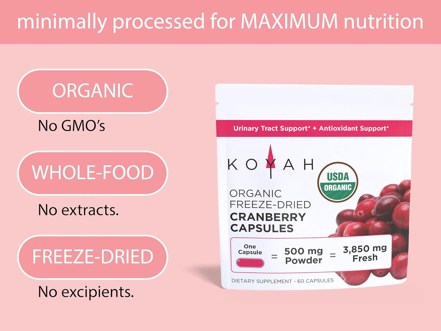 KOYAH - Organic Cranberry Capsules – 500 mg, Freeze-Dried, Whole-Berry, Vegan, Non-GMO, Supports Urinary Tract & Antioxidant Health, 60 Capsules