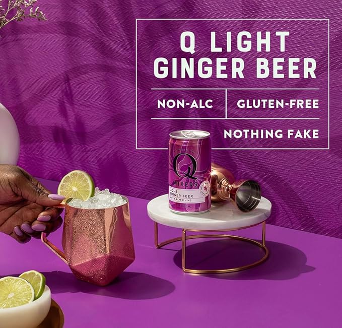 Q LIGHT GINGER BEER with Real Ginger & Organic Agave - Ideal for Cocktails & Mocktails - Made with Real Ingredients, Perfectly Carbonated, & Less Sweet - 40 Calories per Can - 7.5 Fl oz (Pack of 24)