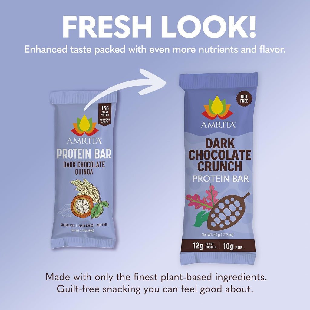 Amrita Nut Free Dark Chocolate Quinoa Vegan Protein Bars (12 Count) | 12g Plant-Based Protein Bar | Peanut Free, Gluten Free, and Dairy Free | Low Sugar, High Fiber, Healthy School-Safe Snacks