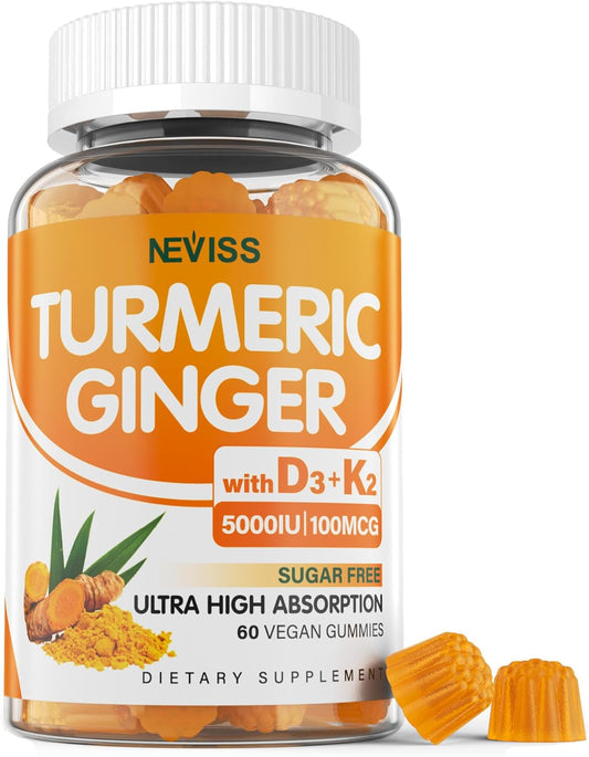 Sugar Free Turmeric Ginger Gummies 1500mg with Vitamin D3 5000IU & K2 for Women & Men, Curcumin Ginger Gummies for Adults for Immune & Digestive Support - Vegan, Mango Flavor, 60 Count