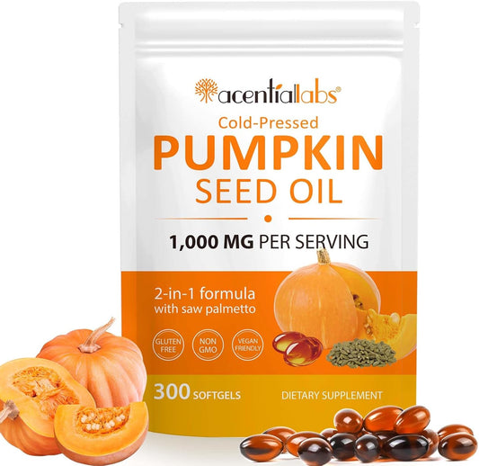 Pumpkin Seed Oil Capsules, Pumpkin Seed Oil with Saw Palmetto Capsules Cold-Pressed 1,000 mg per Serving, Supports Prostate Function, Hair Health, Rich in Essential Fatty Acids & Zinc