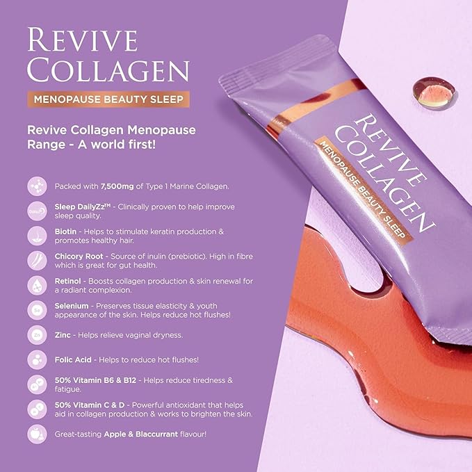 Revive Collagen Menopause Beauty Sleep — Hydrolyzed Marine Collagen Drink for Women, 7,500MG, Zinc, Chicory Root Fiber, Vitamin D & K, Supports Sleep Quality, Apple & Blackcurrant Flavour — 28 Sachets