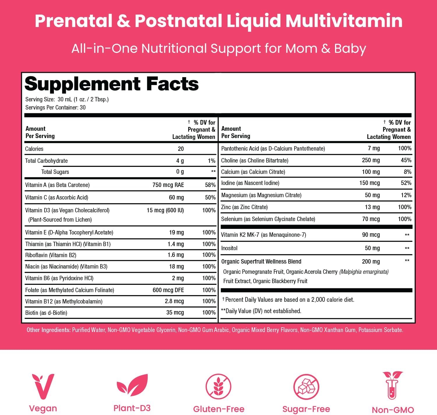 Mother's Promise Prenatal & Postnatal Multivitamin for Women | Sugar Free Liquid Prenatal Vitamins for Women with Folate, Choline & Organic Fruits for Preconception, Pregnancy & Nursing | Vegan