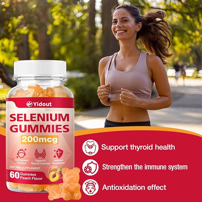Selenium Supplement for Thyroid Support Gummies 200mcg as Energy Booster for Women and Men, Peach Flavor (60 Count（Pack of 1）)