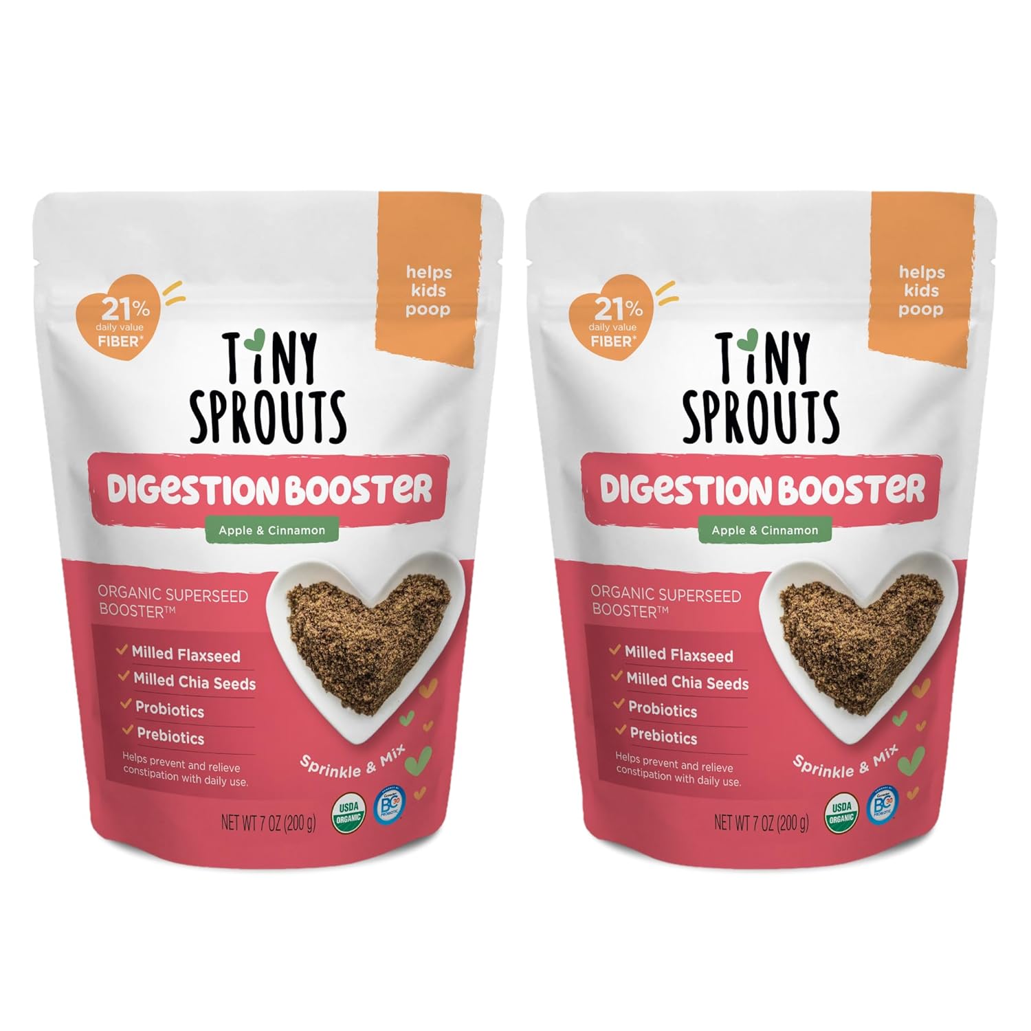 Organic Milled Chia & Flax Seed Digestion Blend with VITAMIN D + PROBIOTICS Prebiotic Fiber Superseeds for 6M+ Babies Toddlers & Kids for Digestive Support (Apple & Cinnamon, 7oz x 2 Pack)