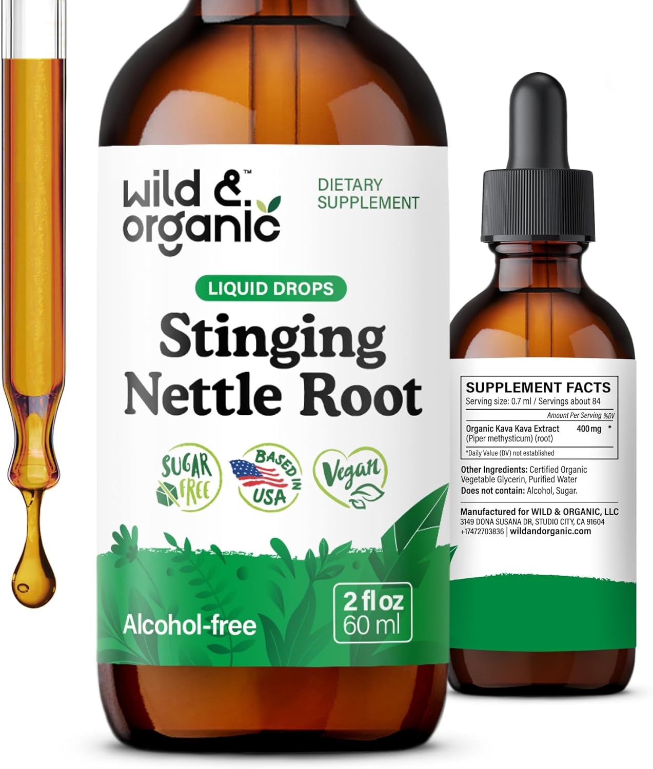 Wild & Organic Stinging Nettle Root Drops - Stinging Nettle Extract Tincture for Men & Women - Liquid Urtica Dioica Supplement - Vegan, Sugar & Alcohol-Free - 2 fl oz