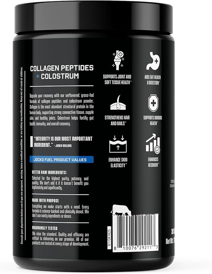 Jocko Fuel Collagen Powder with Colostrum – 15g Hydrolyzed Collagen + 2g First-Milking Colostrum – Dual Action for Gut Health, Joint Support, and Immune Defense – Recovery Supplement (30 Servings)