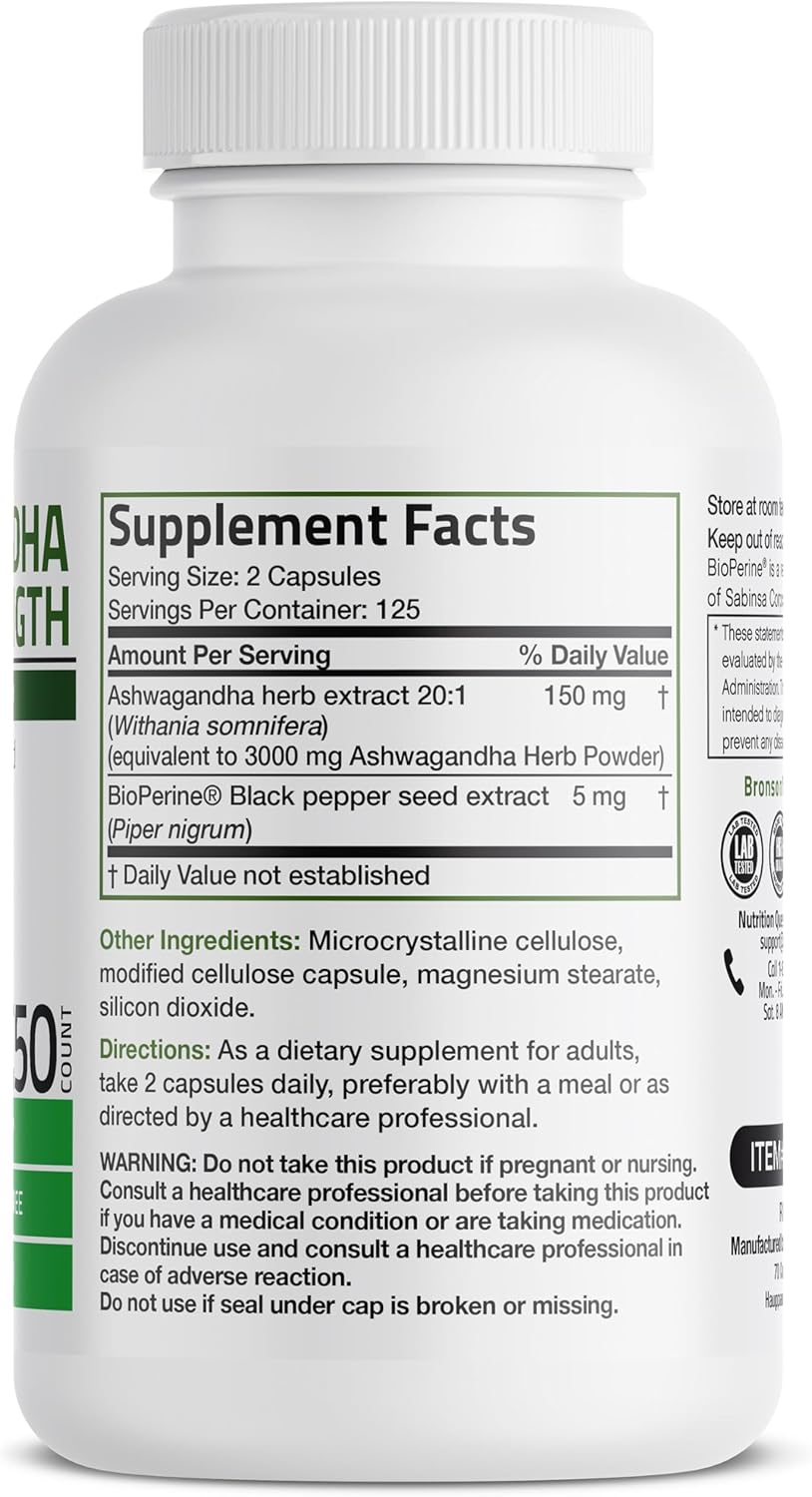 Bronson Ashwagandha Extra Strength Stress & Mood Support with BioPerine - Non GMO Formula, 250 Vegetarian Capsules
