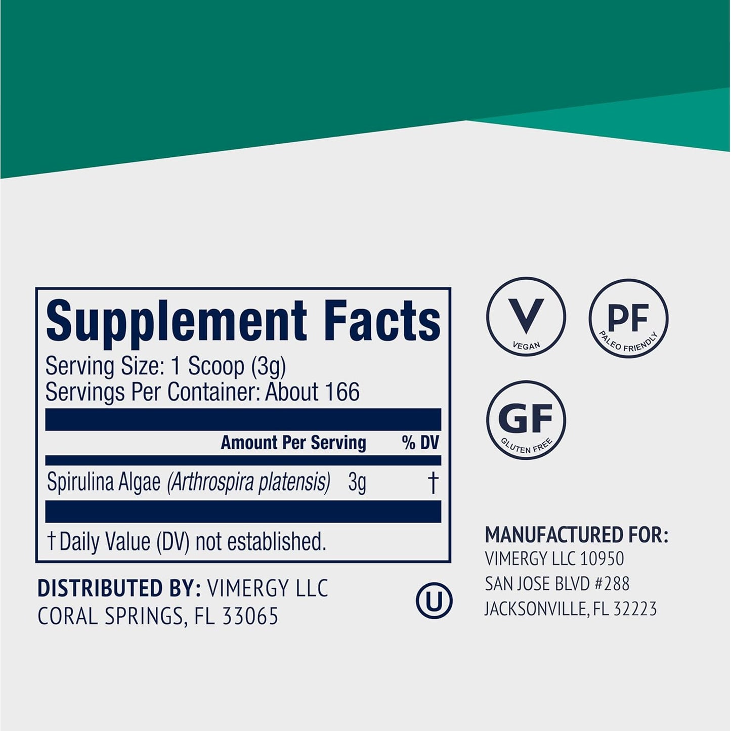 Vimergy Spirulina Powder, 166 Servings – Value Size – Greens Powder – Nutrient Dense Blue-Green Algae Superfood for Smoothies & Juices – Immune Support - Non-GMO, Gluten-Free, Vegan & Paleo - 500g