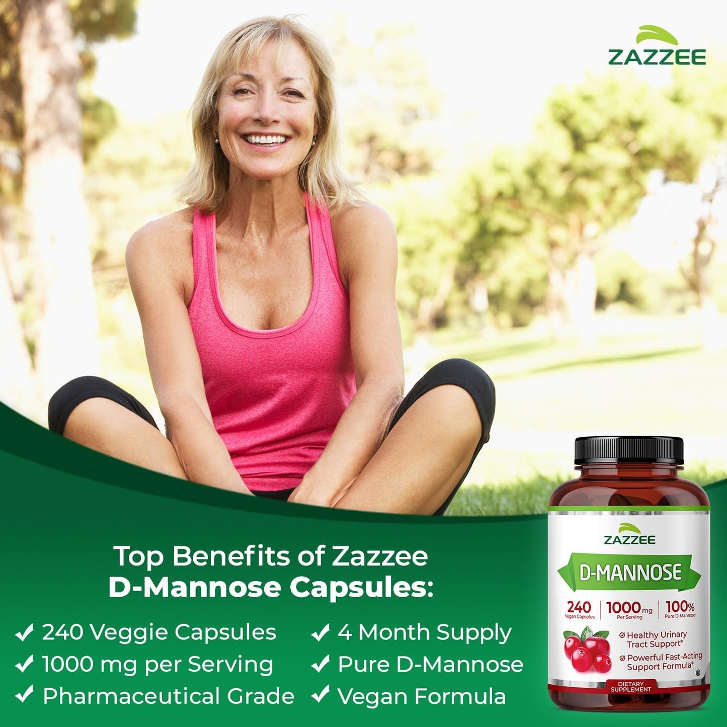 Zazzee D-Mannose, 1000 mg per Serving, 240 Vegan Capsules, 4 Month Supply, Potent & Fast-Acting, Certified Kosher, 100% Pure, All-Natural Urinary Tract Health Support, 100% Vegetarian, Non-GMO