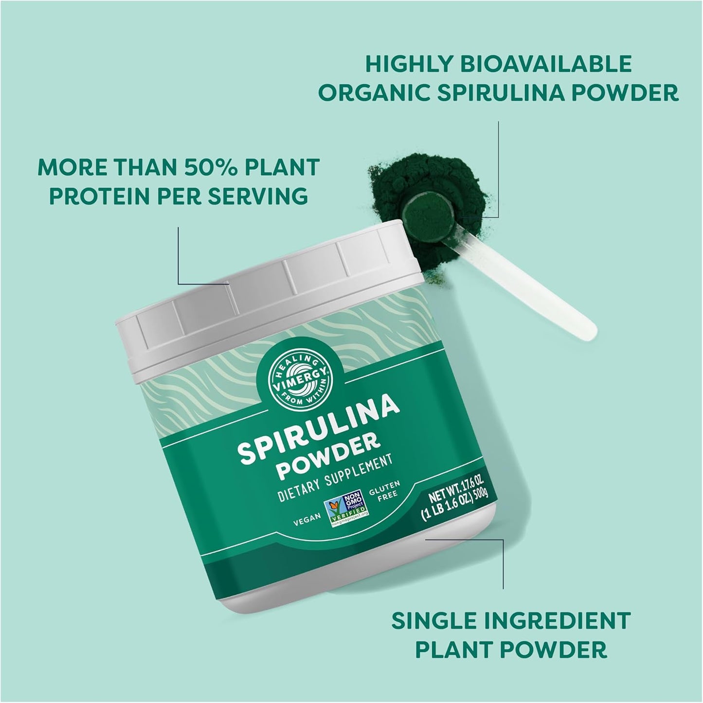 Vimergy Spirulina Powder, 166 Servings – Value Size – Greens Powder – Nutrient Dense Blue-Green Algae Superfood for Smoothies & Juices – Immune Support - Non-GMO, Gluten-Free, Vegan & Paleo - 500g