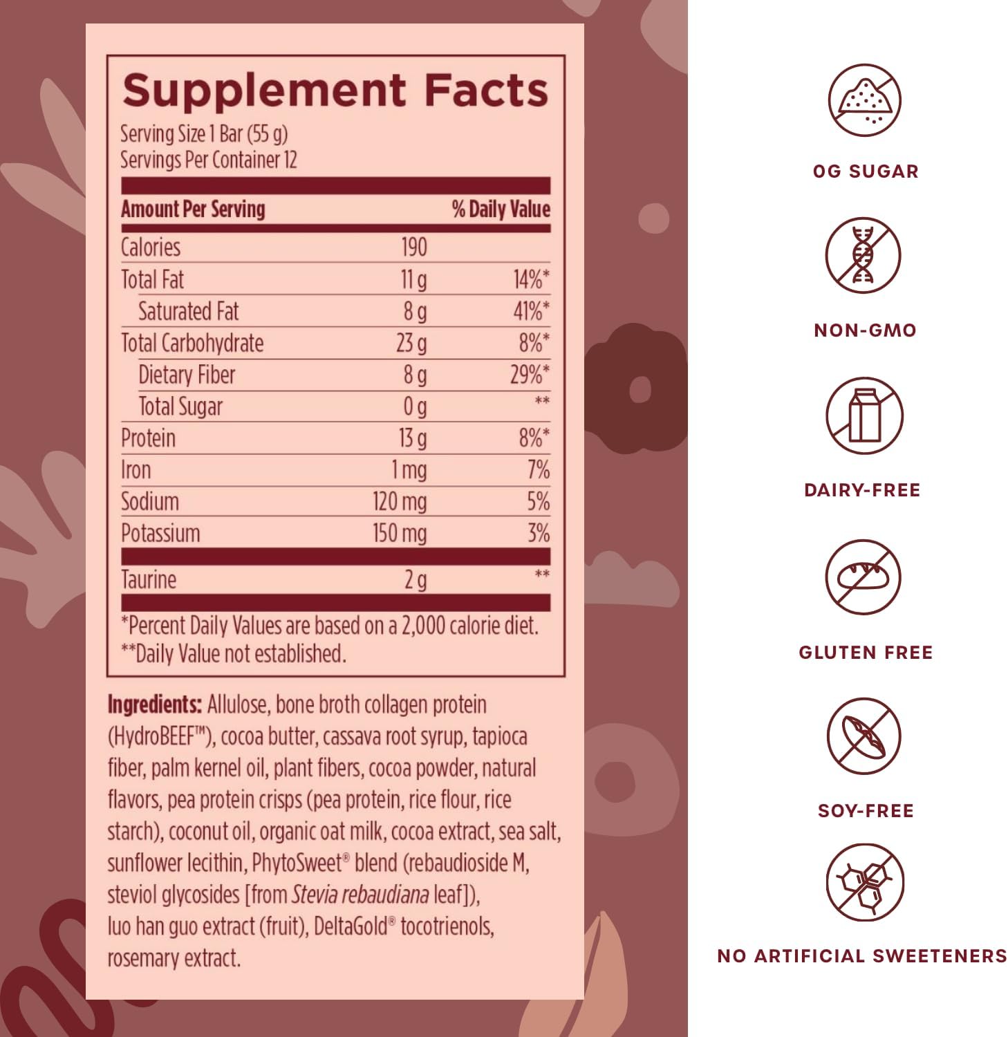 Fx Bone Broth Protein Bar - 13g Protein with Taurine + Grass Fed Collagen for Healthy Aging, Skin + Gut Health - 0g Sugar, Chocolate Crunch Flavor (12 Bars)