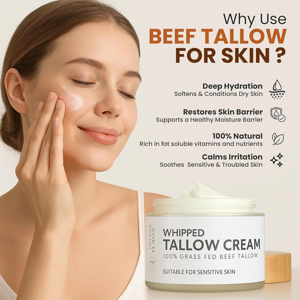 100% Organic Grass Fed Beef Tallow for Skin | Whipped Beef Tallow For Face | Tallow Moisturizer| Premium Beef Tallow for Women With Aloe Vera & Raw Honey & Beeswax- 5 FL.Oz