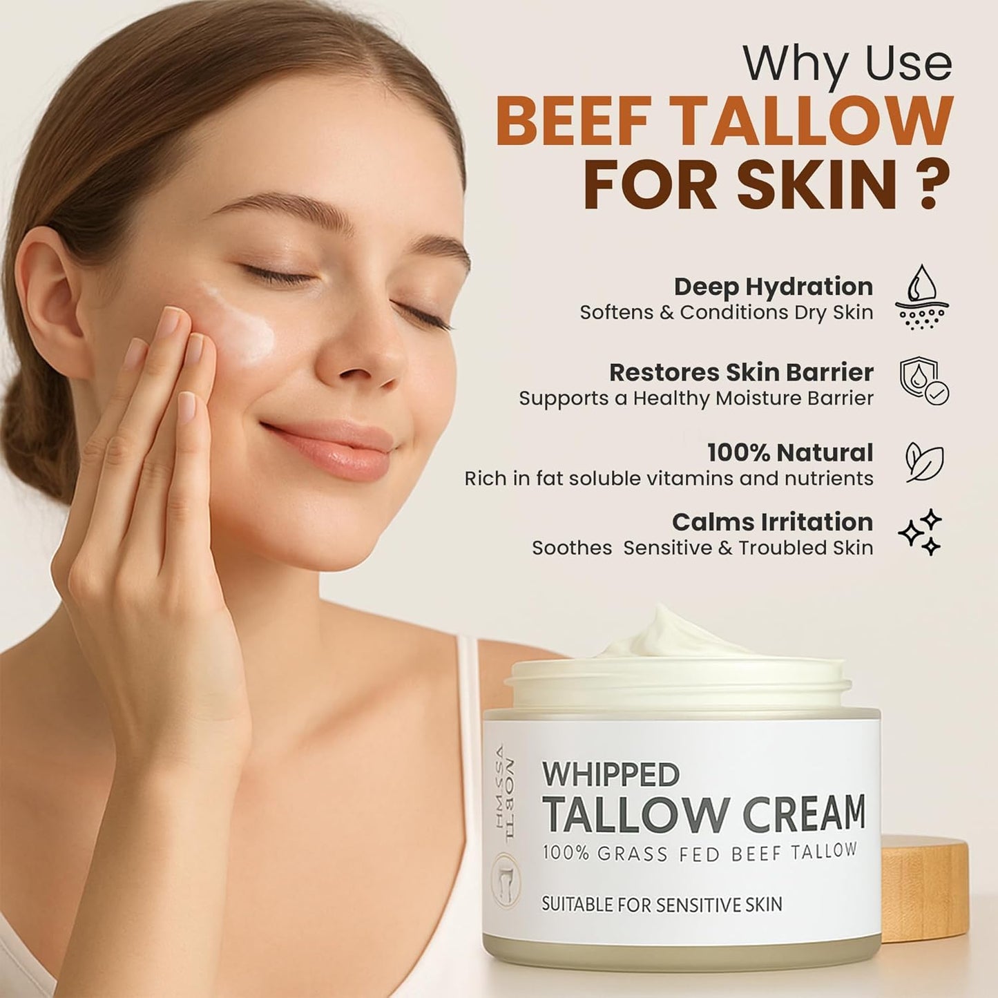 100% Organic Grass Fed Beef Tallow for Skin | Whipped Beef Tallow For Face | Tallow Moisturizer| Premium Beef Tallow for Women With Aloe Vera & Raw Honey & Beeswax- 5 FL.Oz
