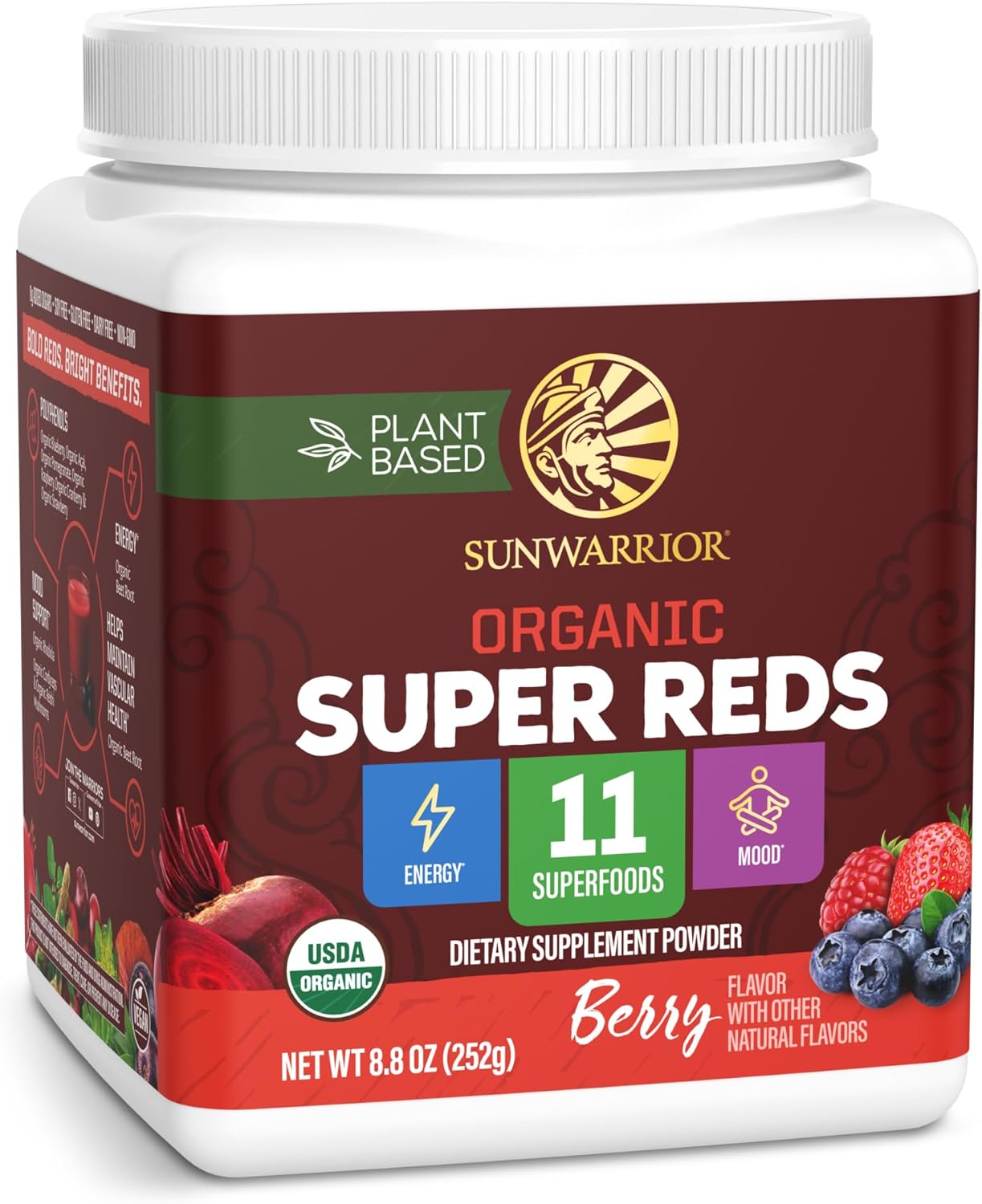 Organic Super Reds Powder 11 Superfoods with Beet Root, Berries, Reishi & Cordyceps – Natural Energy, Circulation & Immune Support – USDA Organic Vegan Non-GMO, Gluten-Free Superfood Drink 28 Servings