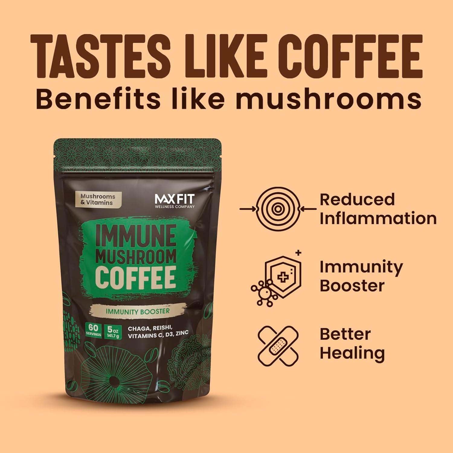 Immunity Mushroom Coffee (60 Servings) Mental Focus Plus Wellness Boost for Immune System Support - Chaga, Reishi & Vitamins C, D3, and Zinc, Mixed with Gourmet 100% Arabica Instant Coffee