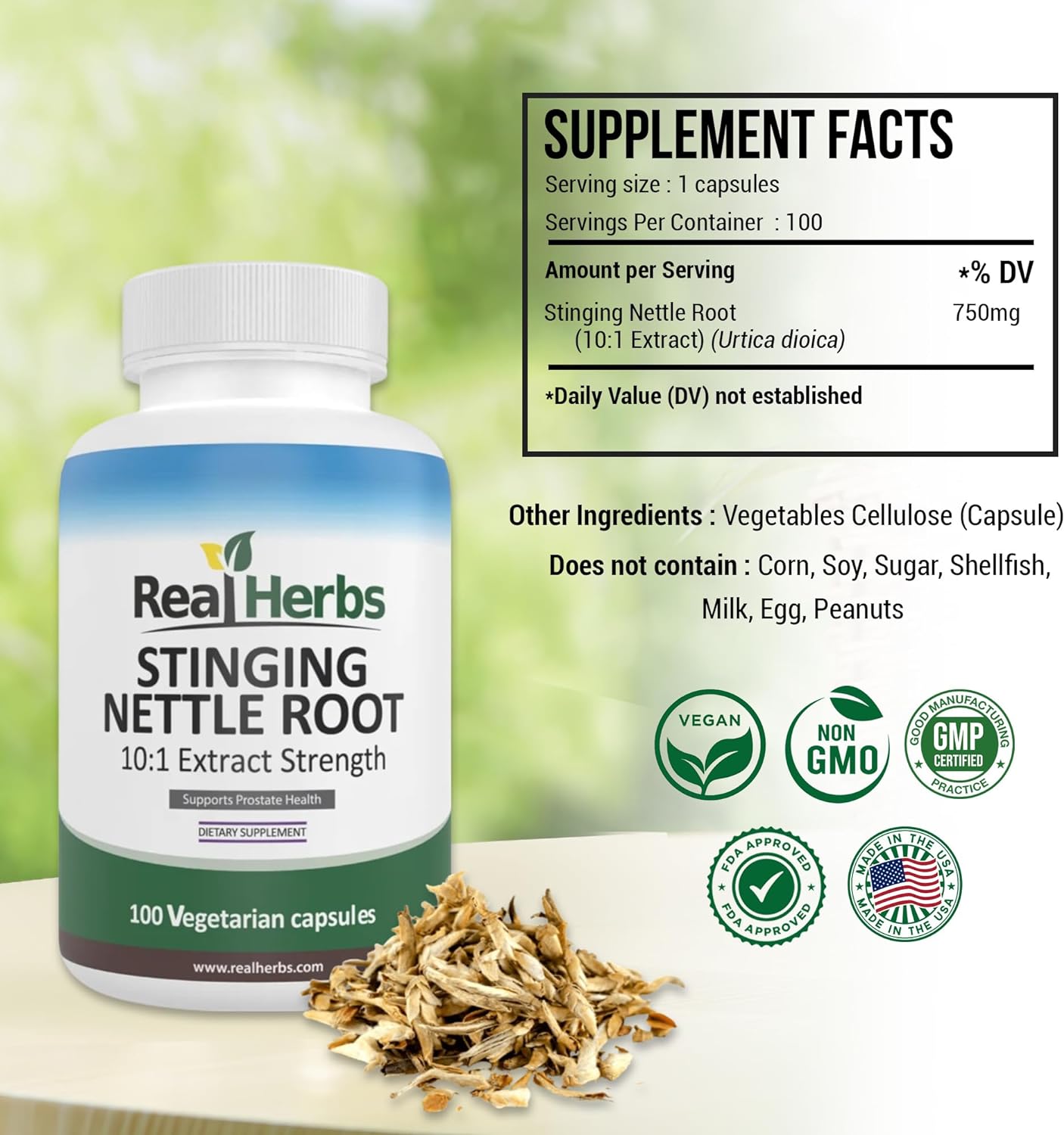 Real Herbs Stinging Nettle Root Extract 7500mg (750mg of 10:1 Extract) – Vegetarian Friendly, Non-GMO, Gluten-Free – Supports Prostate & Urinary Health – 100 Capsules