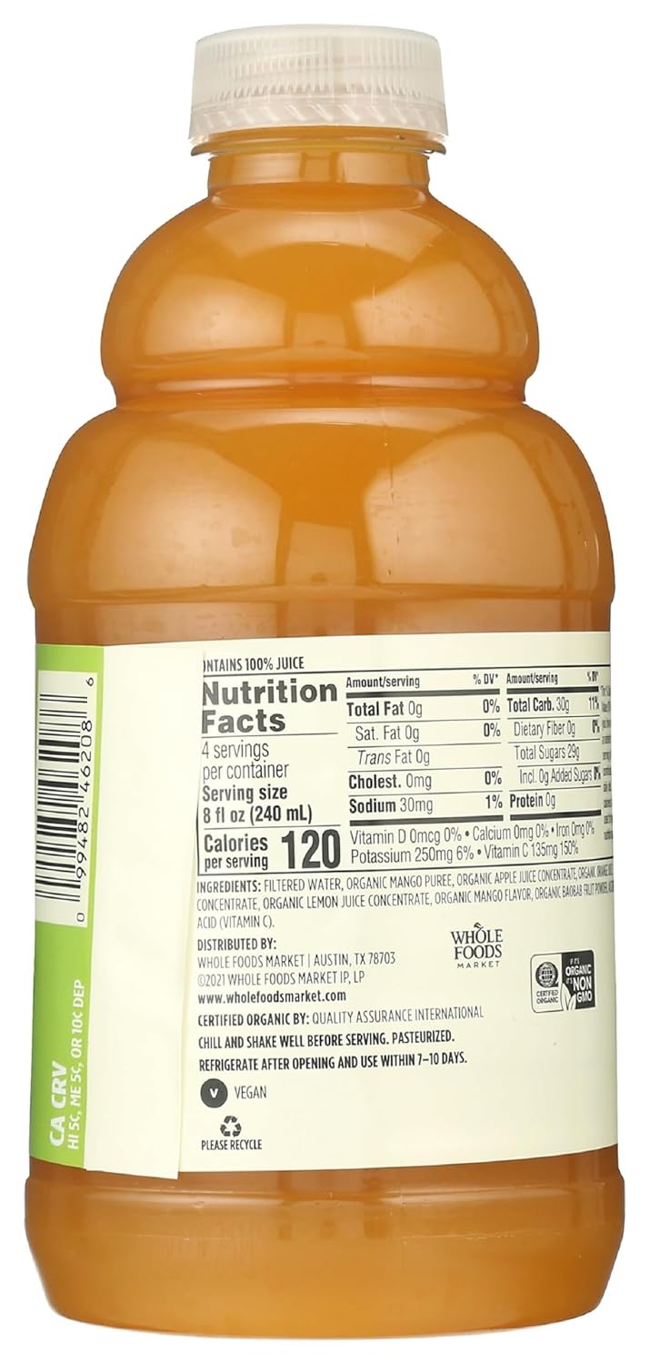 Whole Foods Market, Juice Mango Apple Orange Baobab Organic, 32 Fl Oz (Pack of 3)