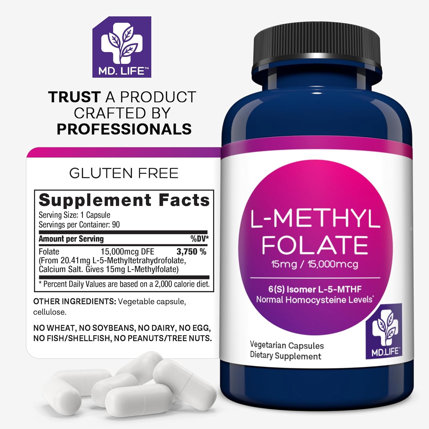 MD Life L Methylfolate 15mg - Professional-Grade Active Methylfolate Supplement - Maximum Potency MTHFR Supplements - L-methylfolate 15 mg 90 Capsules - Essential Amino Acids