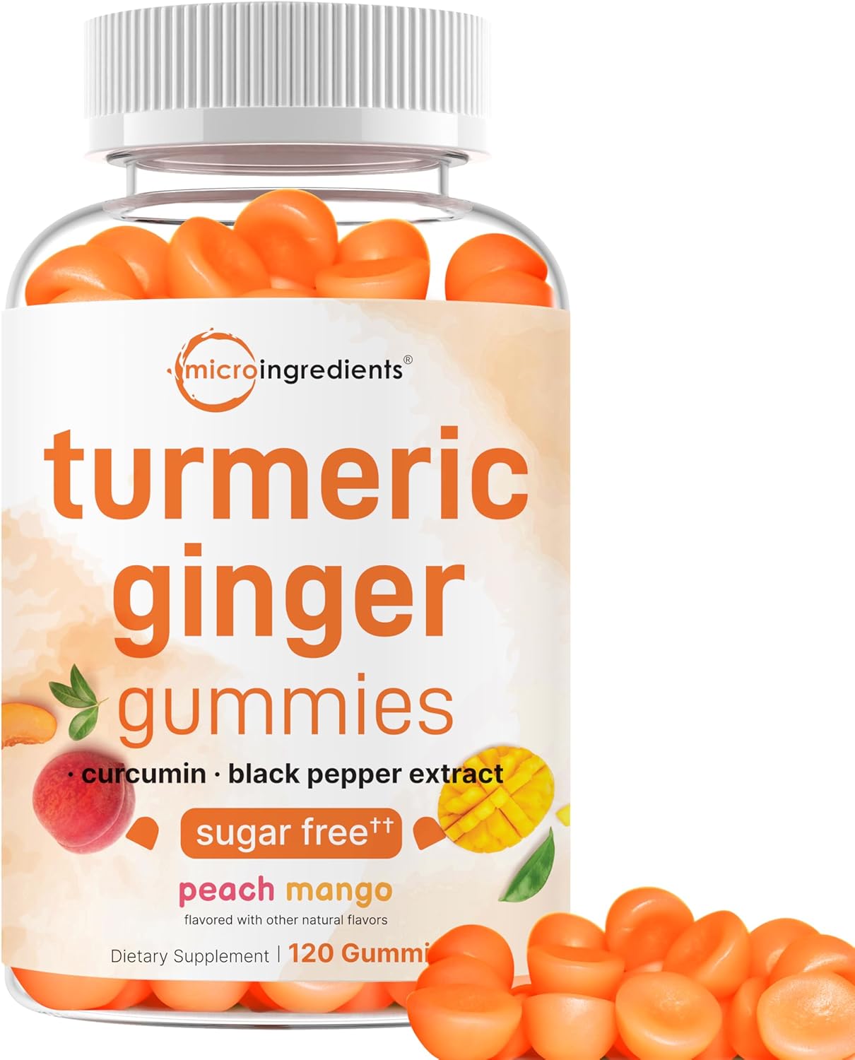 Turmeric Ginger Gummies, 120 Count | Sugar Free Peach Mango Flavored | Extra Strength Curcumin with Black Pepper for Enhanced Absorption | Non-GMO