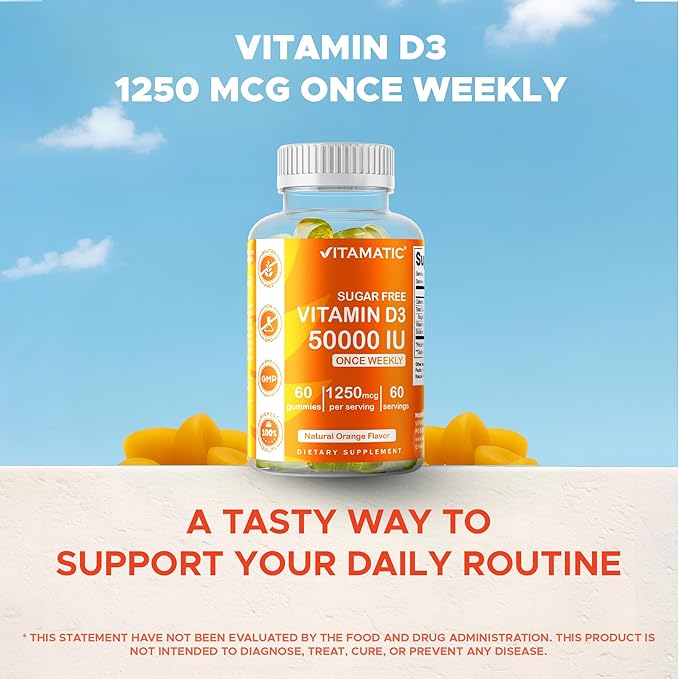 Vitamatic Sugar Free Vitamin D3 50,000 IU Weekly Supplement – 60 Pectin-Based Gummies High-Potency Vitamin D for Bone, Teeth & Immune Support