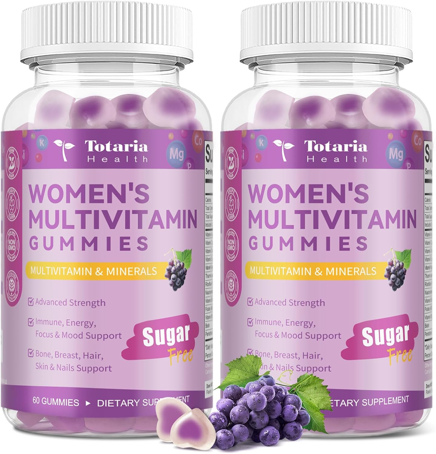 Totaria (2 Pcs) Sugar Free Multivitamin Gummies for Women 14+ w/Inositol, Iron, Folate, Biotin, Womens Daily Multivitamin Gummy w/Vitamin A, D, C, B, Support Hair, Skin, Energy, Immune, Grape Flavor