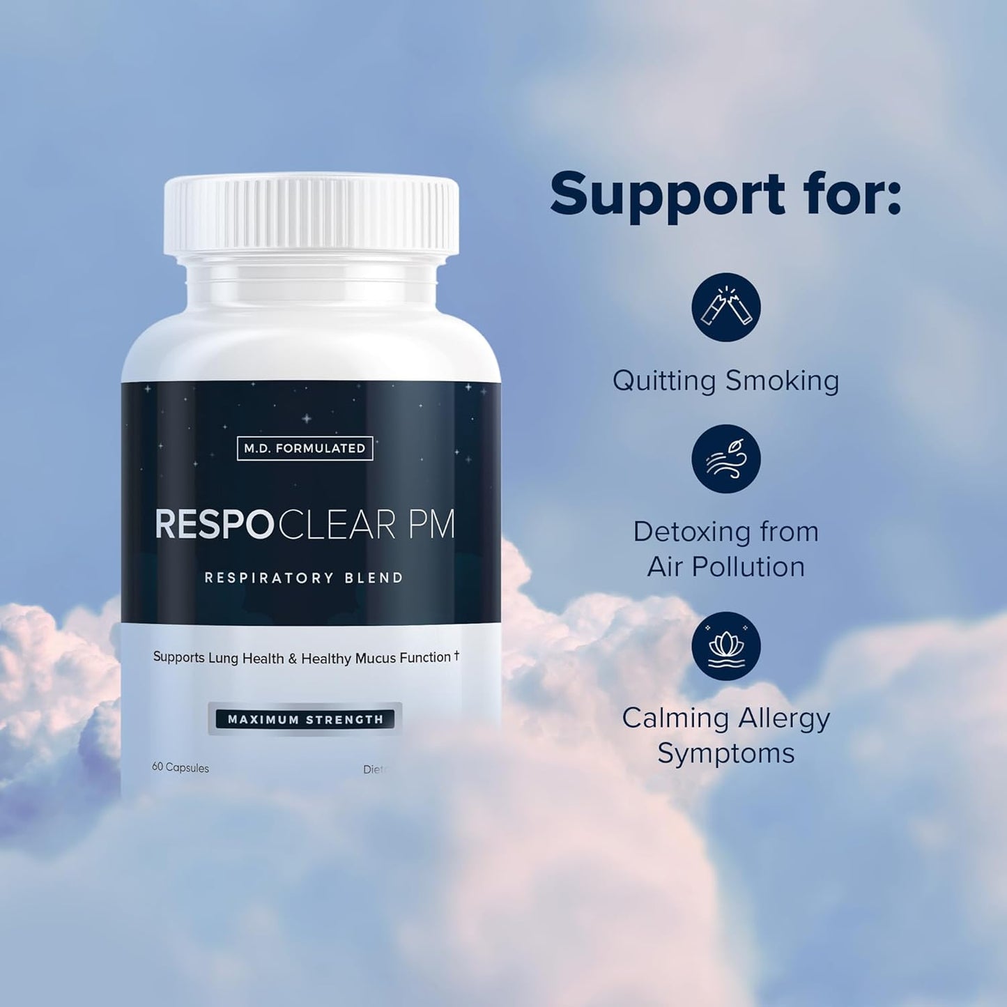 RespoClear PM (60 Caps): Nighttime Respiratory Lung Health & Sinus Support Supplement - Mullein Leaf and L-Theanine - Lung Detox for Smokers & Beyond - GMO-Free & Made in USA