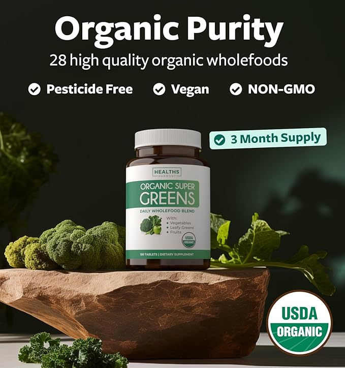 USDA Organic Super Greens Supplement - Organic Greens Fruits and Vegetable Supplement for Adults with 28 Superfood Complex with Superfruits Roots Herbs & More - Vegan & Non-GMO (Up to 3 Month Supply)