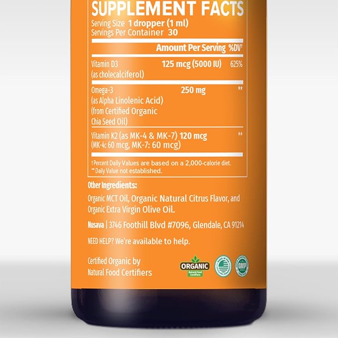 (2 Pack) Organic Vitamin D3 K2 Drops with MCT Oil Omega 3, 5000 IU, Maximum Strength Vitamin D Liquid, No Fillers, Non-GMO Liquid D3 for Faster Absorption, Immune Support (Citrus Flavor, 2 Fl Oz)