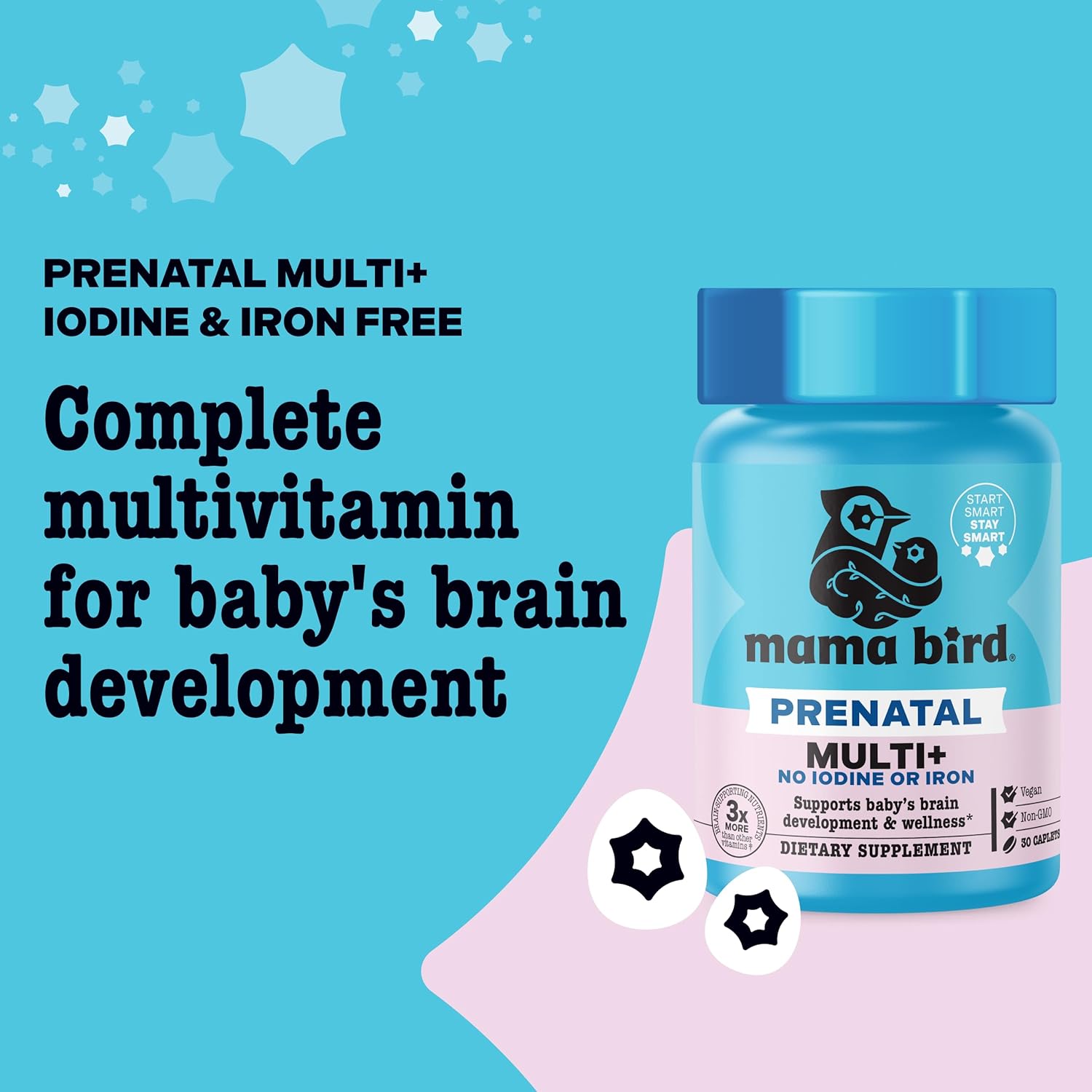 Best Nest Wellness Mama Bird Prenatal Multi Plus Iodine & Iron Free - Prenatal Vitamin for Brain & Digestive Health - Vegan Multivitamin with Methylfolate, Probiotics & More - 30 Caplets