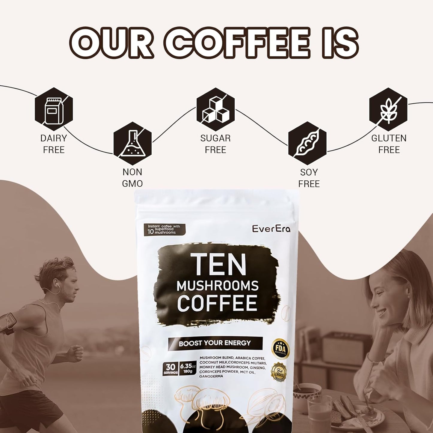 Organic Mushroom Coffee, 10-in-1 Blend Featuring Lions Mane, Cordyceps, Ginseng, and more. This Instant Coffee Boosts Energy, Digestion, and Immunity. Everyday Coffee Dose, 30 Servings