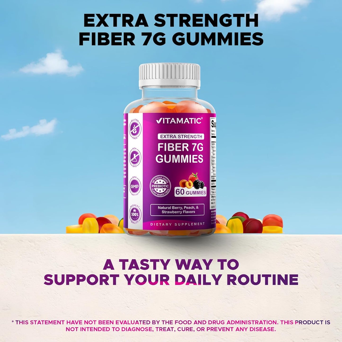 Vitamatic Prebiotic Fiber Gummies for Digestive Health & Regularity, Extra Strength, 7g Fiber per Serving, Zero Sugar Added, Made in USA, 60 Count (2 Pack)