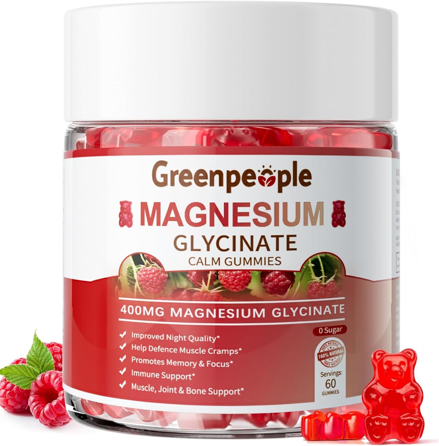 GREENPEOPLE Magnesium Glycinate Gummies 400mg - Sugar Free Magnesium Supplement with Magnesio Malate, Vitamin D, B6, and CoQ10 for Calm Support & Sleep for Adults - Raspberry Gummies