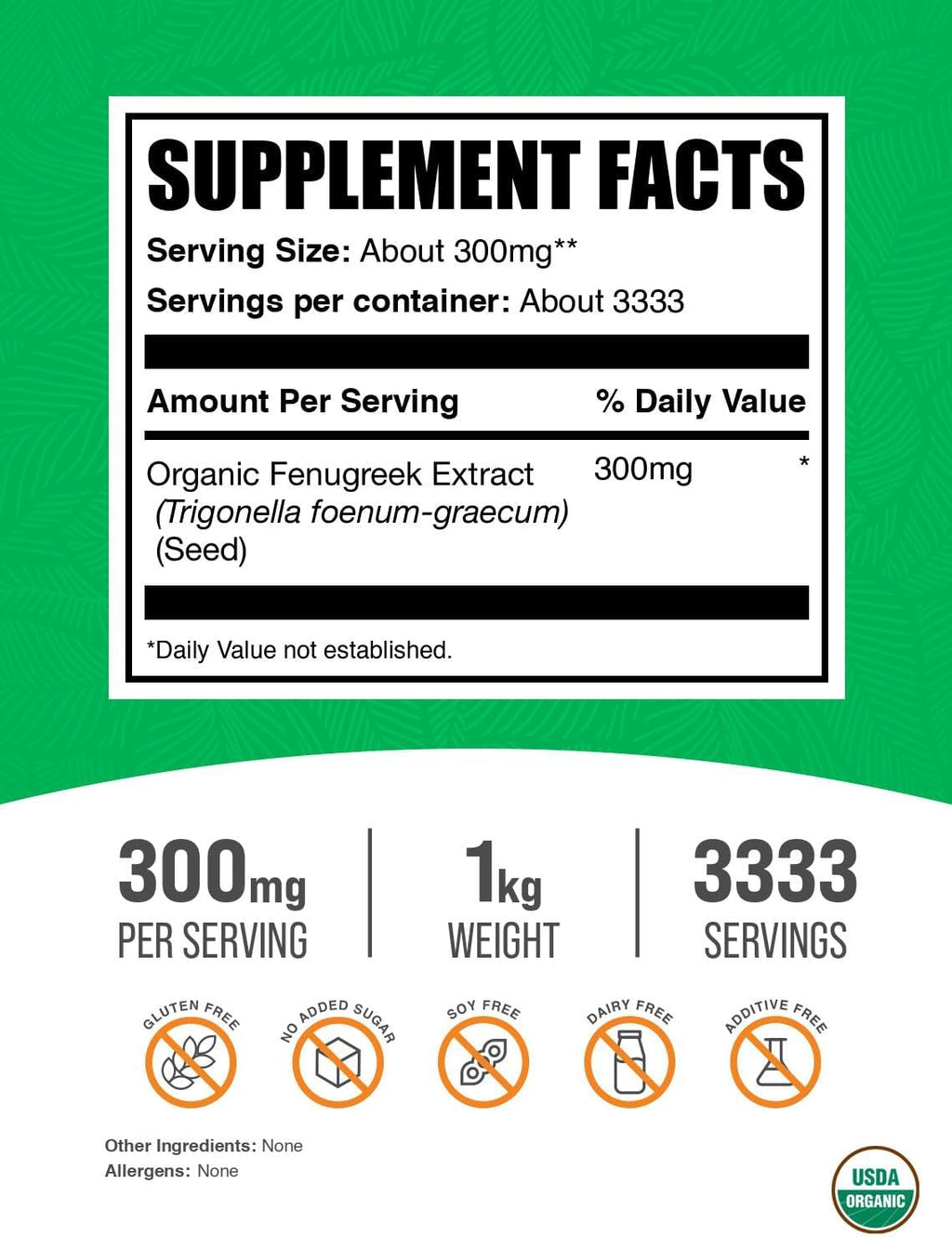 BulkSupplements.com Organic Fenugreek Extract Powder - Herbal Supplement, from Fenugreek Seeds - Gluten Free, 300mg per Serving, 1kg (2.2 lbs) (Pack of 1)