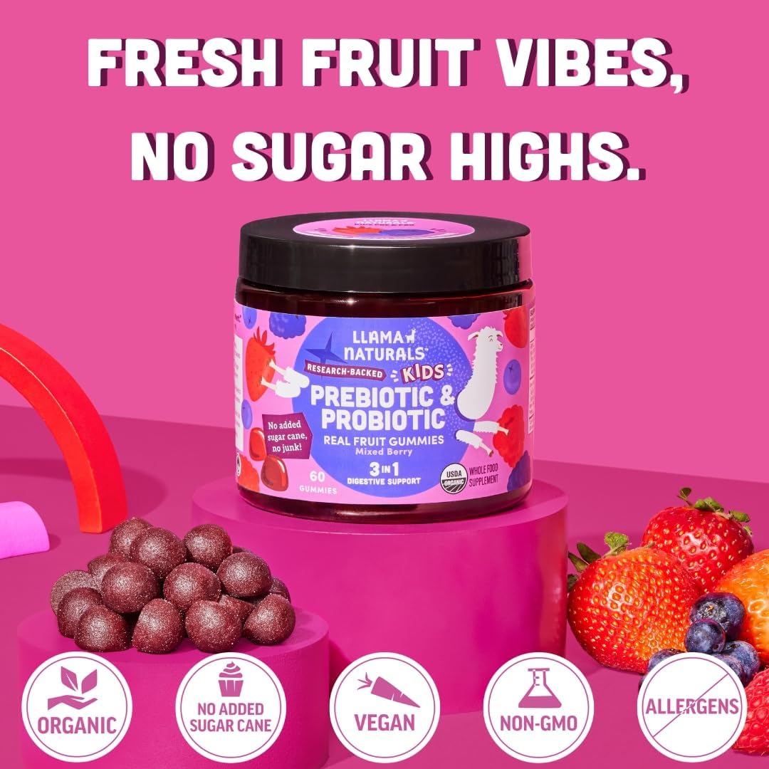 Llama Naturals Kids Probiotic with Prebiotic Fiber, Vegan, Organic Prebiotics and Probiotics Gummies for Gut Health Support, Toddler Real Fruit Gummy Vitamins, No Added Sugar Cane, Mixed Berry, 120 Ct