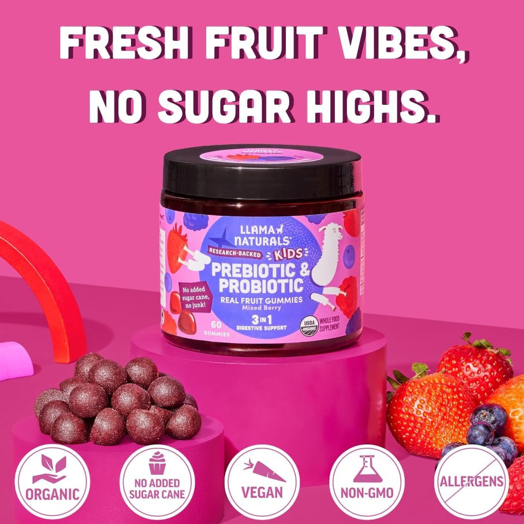 Llama Naturals Kids Probiotic with Prebiotic Fiber, Vegan, Organic Prebiotics and Probiotics Gummies for Gut Health Support, Toddler Real Fruit Gummy Vitamins, No Added Sugar Cane, Mixed Berry, 60 Ct