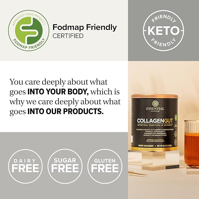 Essential Nutrition - Collagen Gut - Collagen Peptides Powder - Gut health supplement Immunity - Prebiotic Fiber, Turmeric Extract, FODMAP Friendly, Sugar-Free - Orange & Blueberry- 15oz (20 Servings)