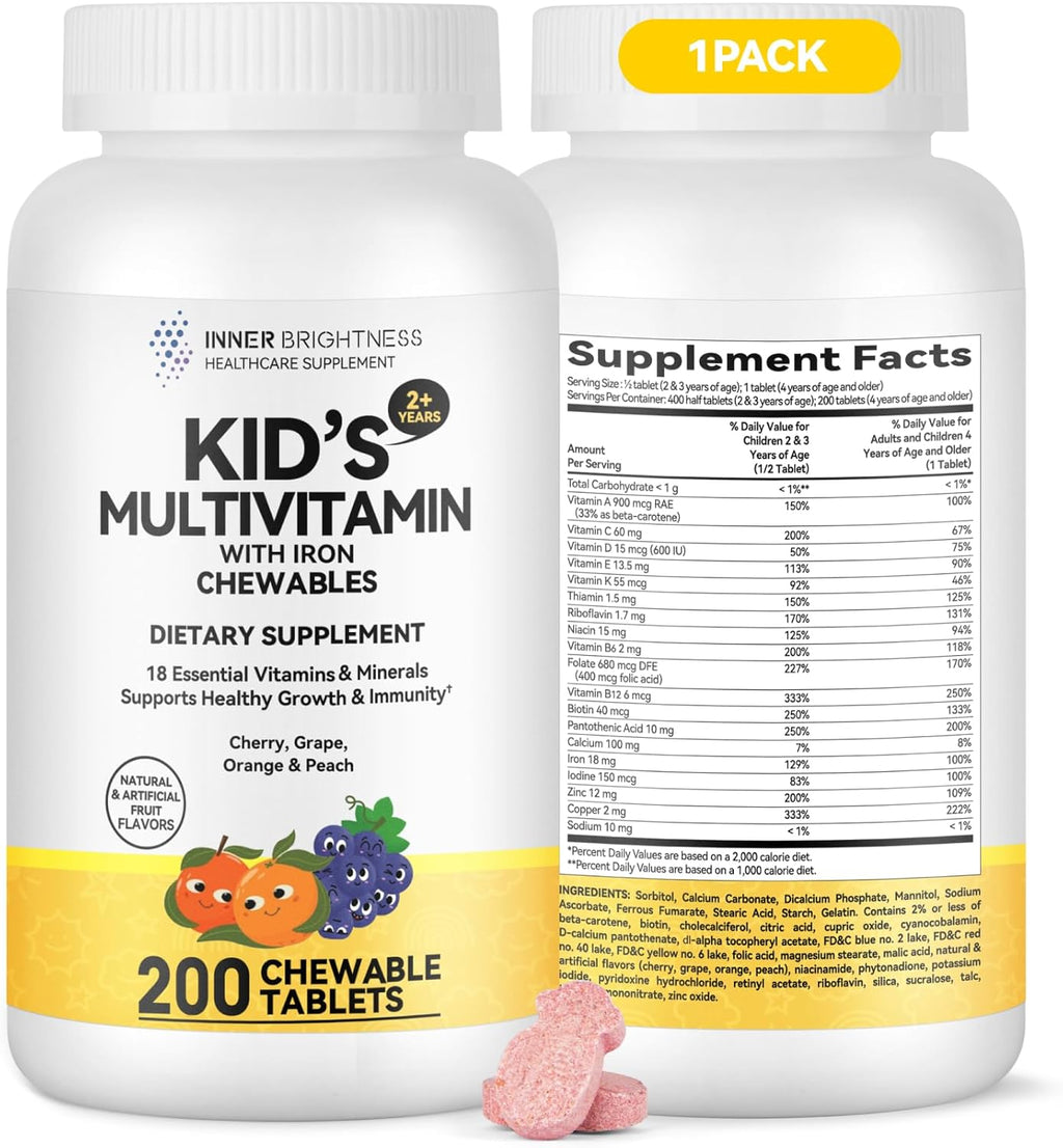 Children's Chewable Multivitamin - 18 Essential Vitamins & Minerals for Kids, Supports Bone, Focus & Immune Health, Vegetarian, Gluten Free, Non GMO - 200 Chewables, Mixed Fruit Flavor