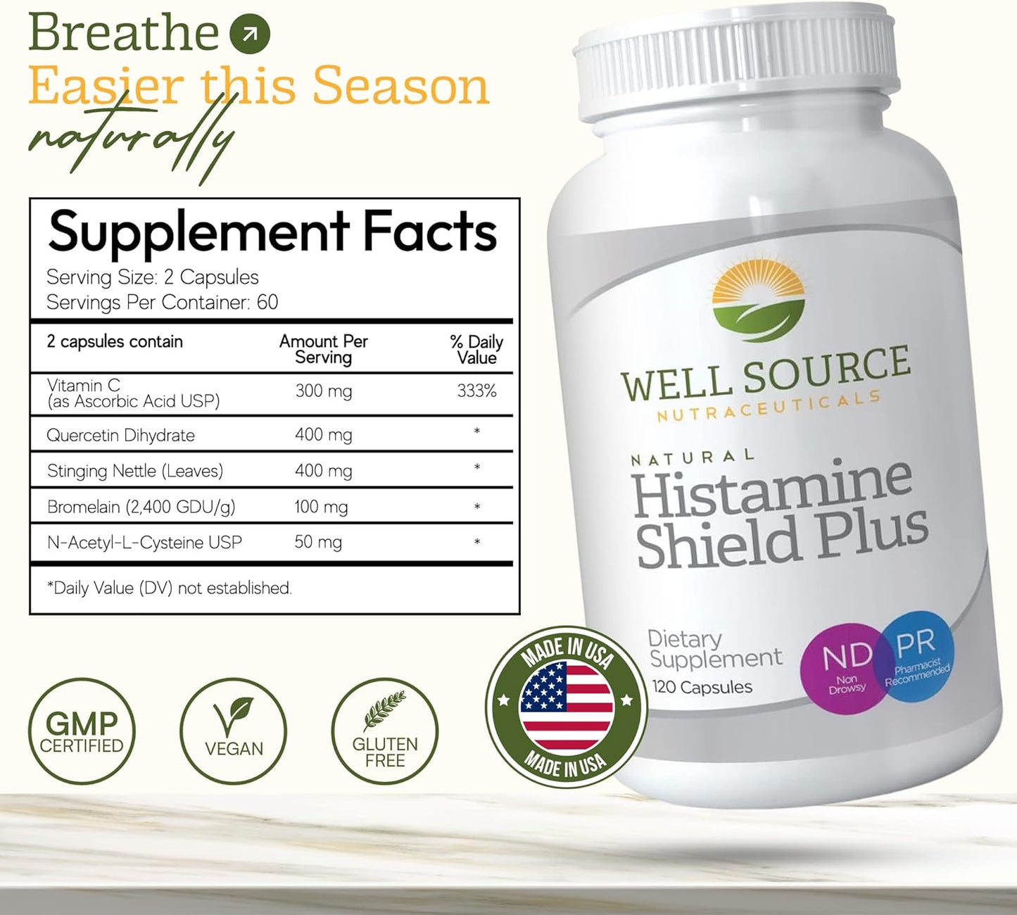 Histamine Shield Plus™ Natural Antihistamine Supplement for Adults, Sinus & Allergy Relief for Pollen, Pet Dander, Dust, Mold, and Odors, Quercetin with Bromelain & Stinging Nettle 120 Capsules