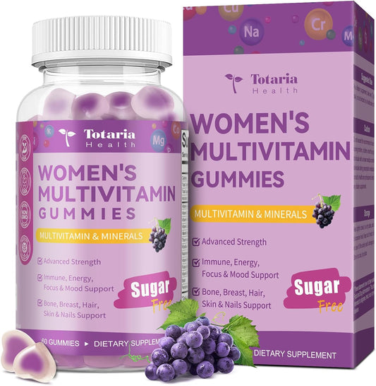 Totaria Sugar Free Multivitamin Gummies for Women 14+ w/Iron, Inositol, Folate, Biotin, Womens Daily Multivitamin Gummy w/Vitamin A, C, B, D3, K2, for Hair, Skin, Energy, Immune, Grape Flavor