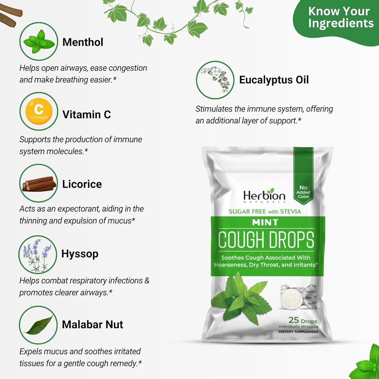HERBION Naturals Cough Drops, Sugar-Free with Stevia, Dietary Supplement, Soothes Cough, for Adults & Children Over 6 Years, 125 Drops (Pack of 5), Mint