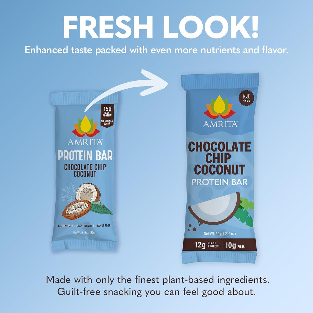 Amrita Nut Free Chocolate Chip Coconut Vegan Protein Bars (12 Count) | 12g Plant-Based Protein Bar | Peanut Free, Gluten Free, and Dairy Free | Low Sugar, High Fiber, Healthy School-Safe Snacks