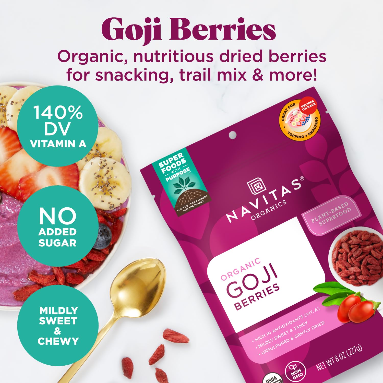Navitas Organics Goji Berries – For Smoothies, Trail Mix, Baked Goods, Oatmeal & More – Vitamin A, Antioxidants, Fiber – Wolfberry - USDA Organic, Non GMO, Gluten Free, Vegan (16oz. Bag, 15 Servings)
